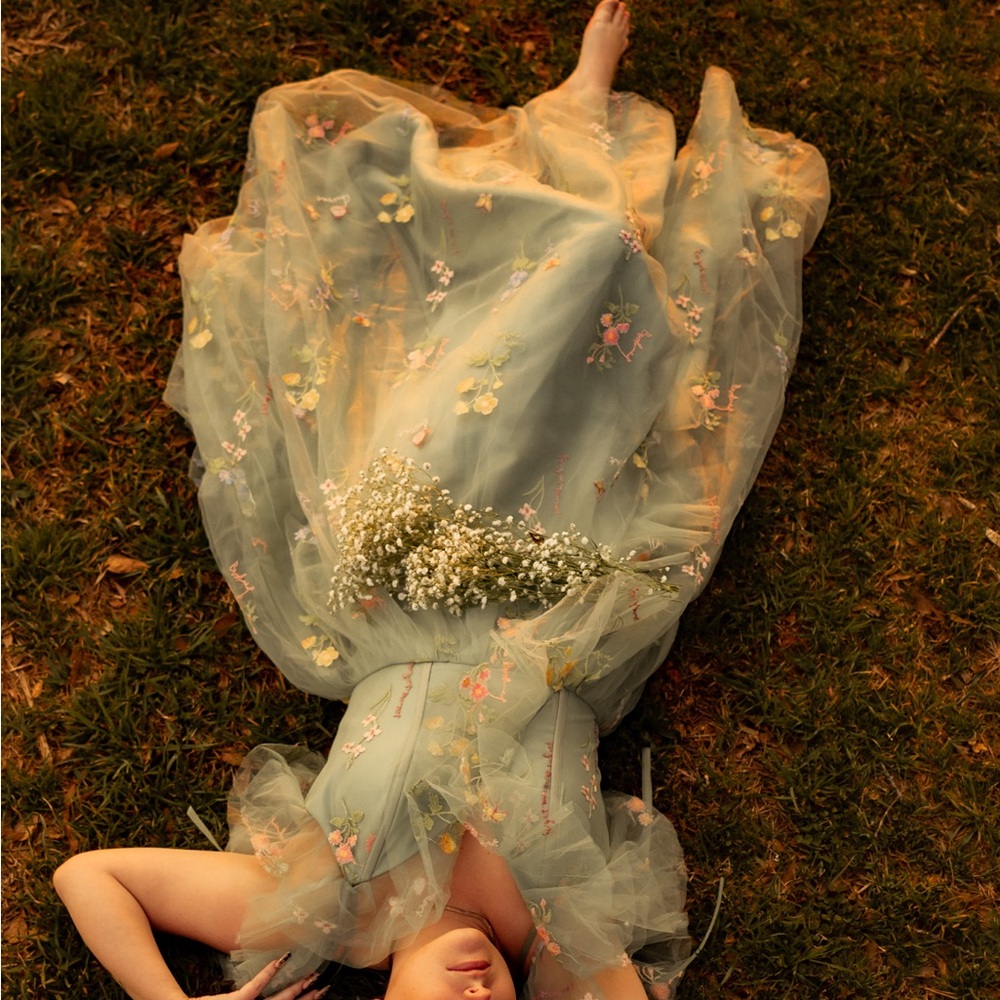 Floral Embroidered Green Maxi Dress with Tulle Overlay